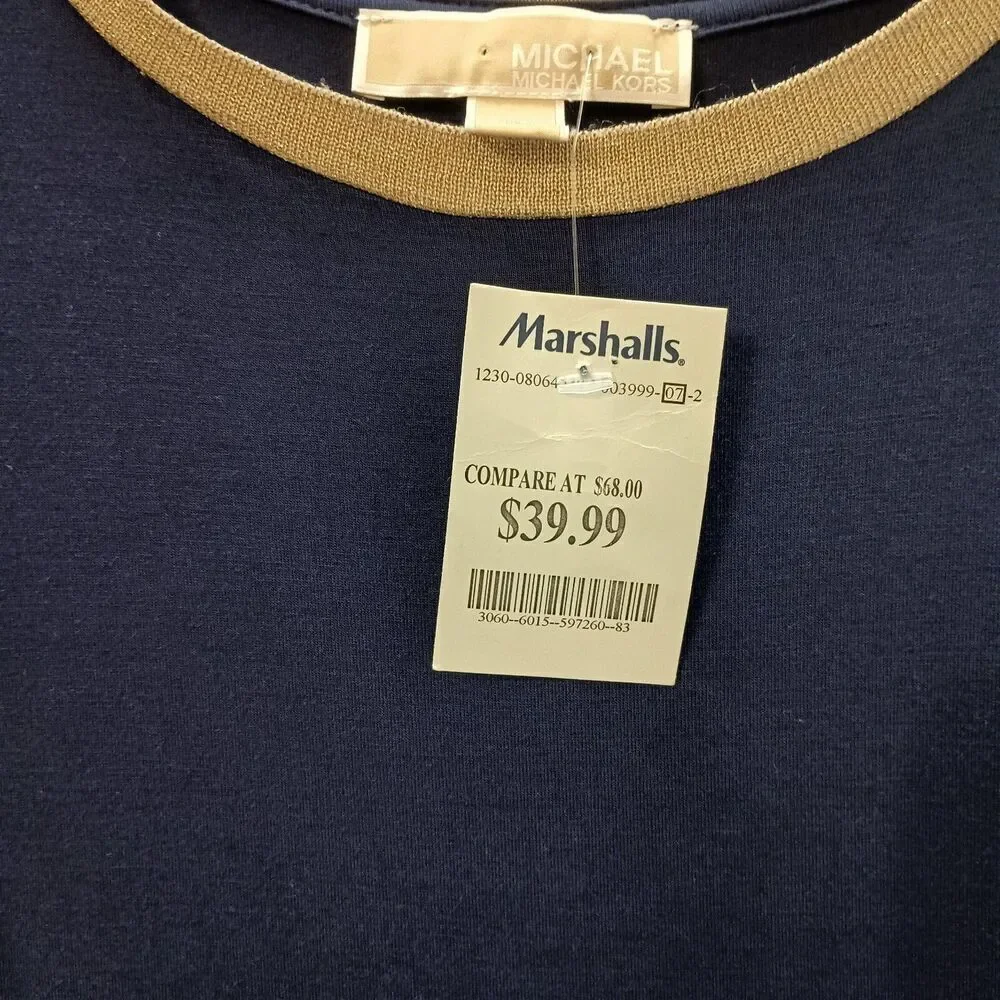 Michael Kors Dress XL Navy Metallic Gold Neckband Stretch Pullover Cap Sleeve